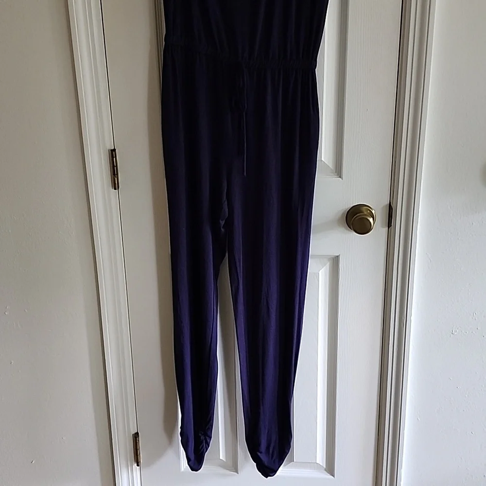 Navy Blue One Shoulder Jersey Jumpsuit - Picture 3 of 8